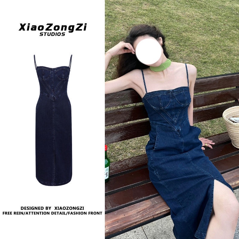 Đầm Yếm Denim Dáng Chữ A Xẻ Tà Cao Cấp Thời Trang Mùa Hè Phong Cách Hồng Kông Mới Cho Nữ