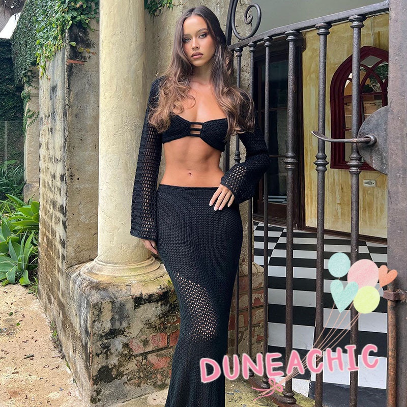 DUNEA Áo Dệt Kim Tay Dài Cổ Vuông Hở Lưng Quyến Rũ Cho Nữ