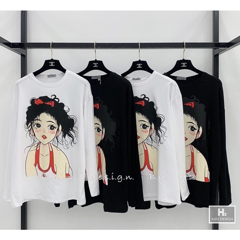 Áo phông dài tay in hình cô gái tóc cột nơ