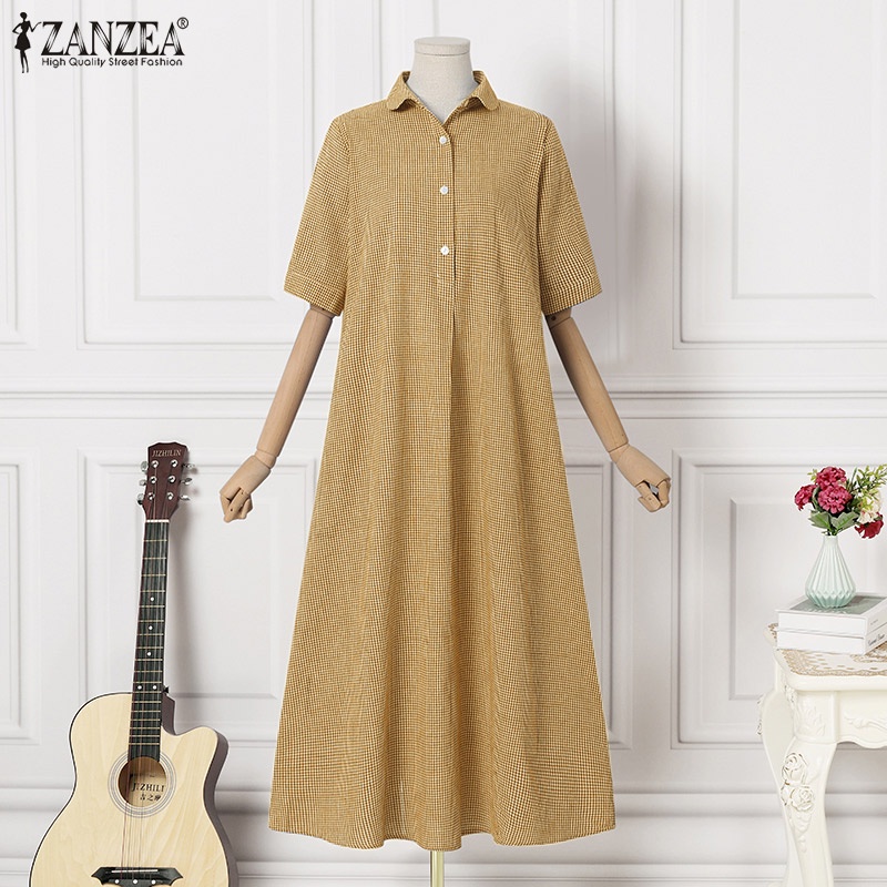 Đầm ZANZEA ngắn tay form rộng họa tiết ca rô đơn giản dành cho nữ
