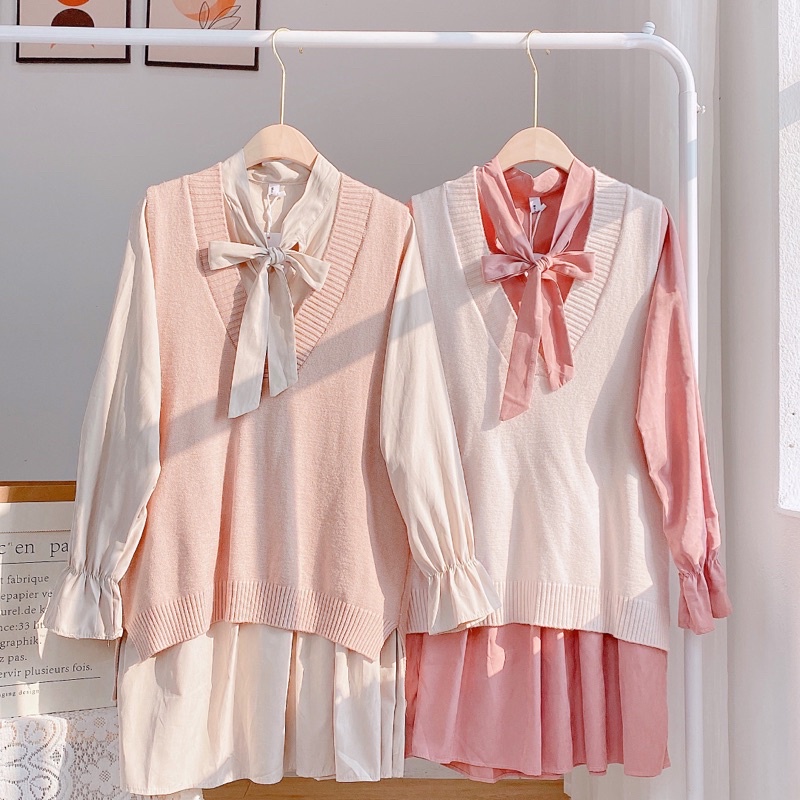 Set váy da lộn cổ nơ