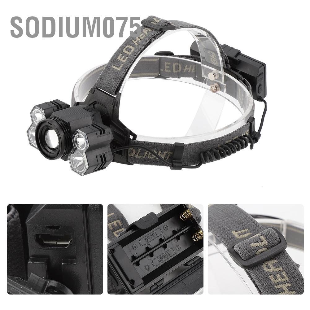 Sodium075 USB Rechargeable 5LED High Bright Headlight Head Torch Lamp for Outdoor Camping Fishing