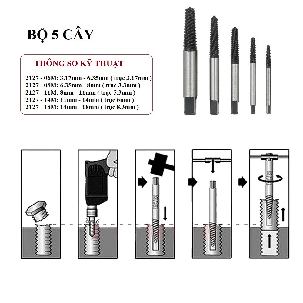 Vặn ốc vít-Dụng cụ tháo bu lông gãy, bộ tháo vít gãy toét 5 cây