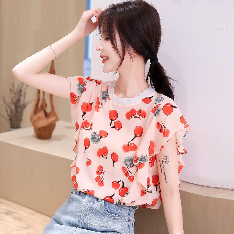 Áo Sơ Mi Chiffon Tay Ngắn Cổ Tròn In Họa Tiết Phong Cách Mới Cho Nữ