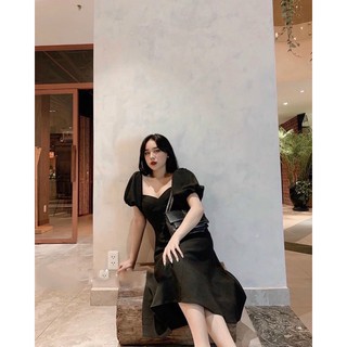 ĐẦM MIDI ĐEN CỔ TIM TAY BỒNG