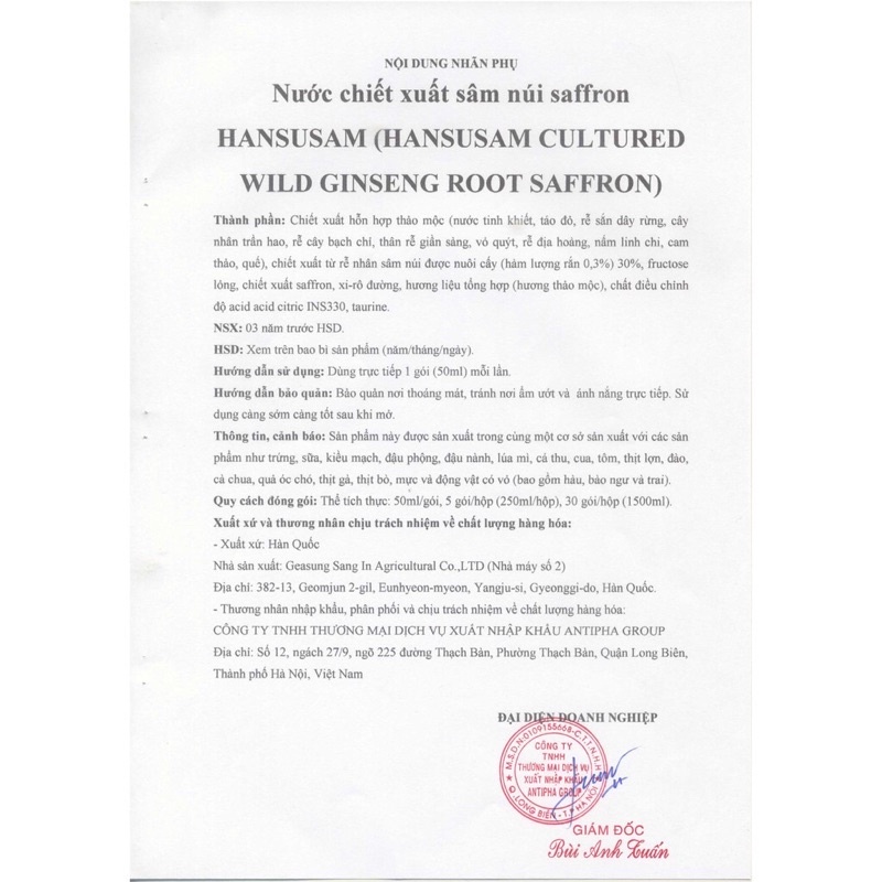 Nước Chiết Xuất Hồng Sâm Núi Nhụy Hoa Nghệ Tây Saffron Hansusam Hộp 30 Gói x 50ml