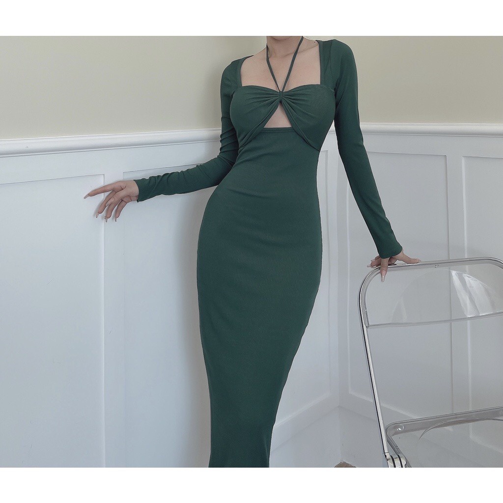 Đầm Body Thun Cổ Yếm Rút Ngực Tay Dài Tôn Dáng Màu Đen Sang Trọng Đi Tiệc