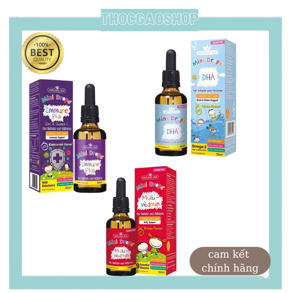 Bộ 3 sản phẩm mini drops Nature aid 50ml bổ sung DHA, multivitamin và tăng đề kháng cho bé 3 tháng đến 5 tuổi