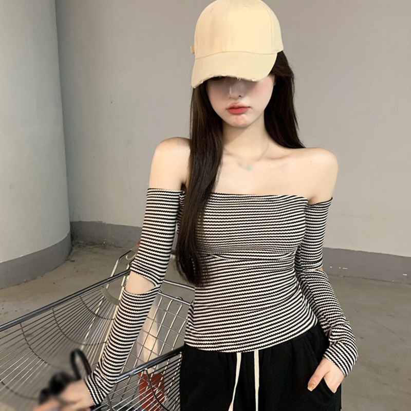 Áo thun tay dài trễ vai họa tiết kẻ sọc nhiều màu sắc thời trang quyến rũ cho nữ