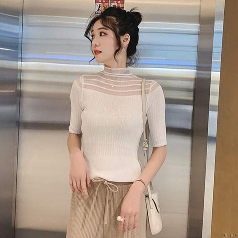 Áo nữ dệt kim tay lửng cổ lọ thiết kế đơn giản thanh lịch thời trang