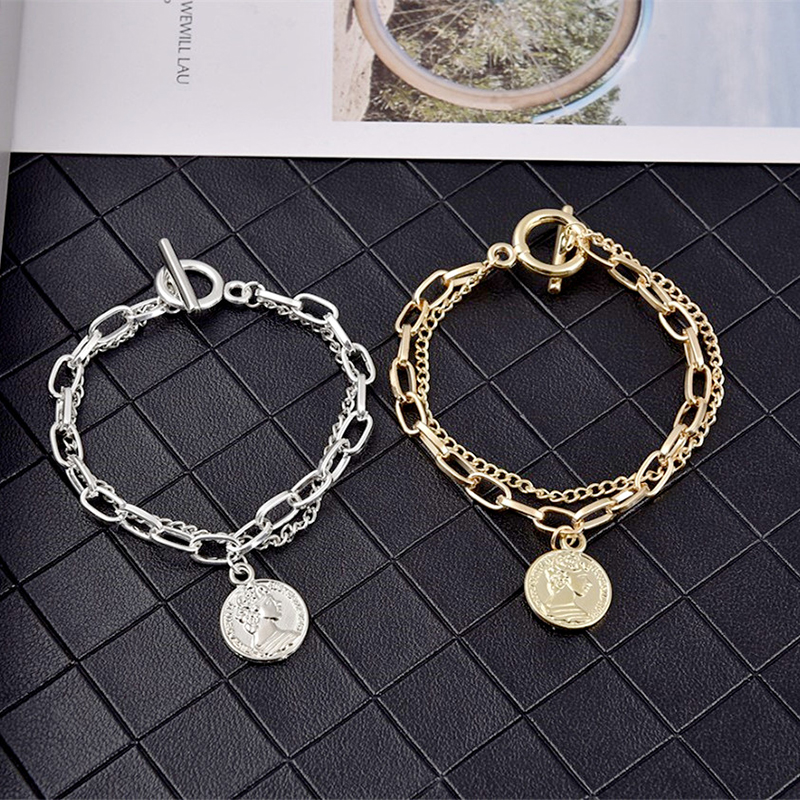 Retro doble capa pulsera estilo coreano moneda de oro colgante pulsera para pareja mujeres moda accesorios de joyería