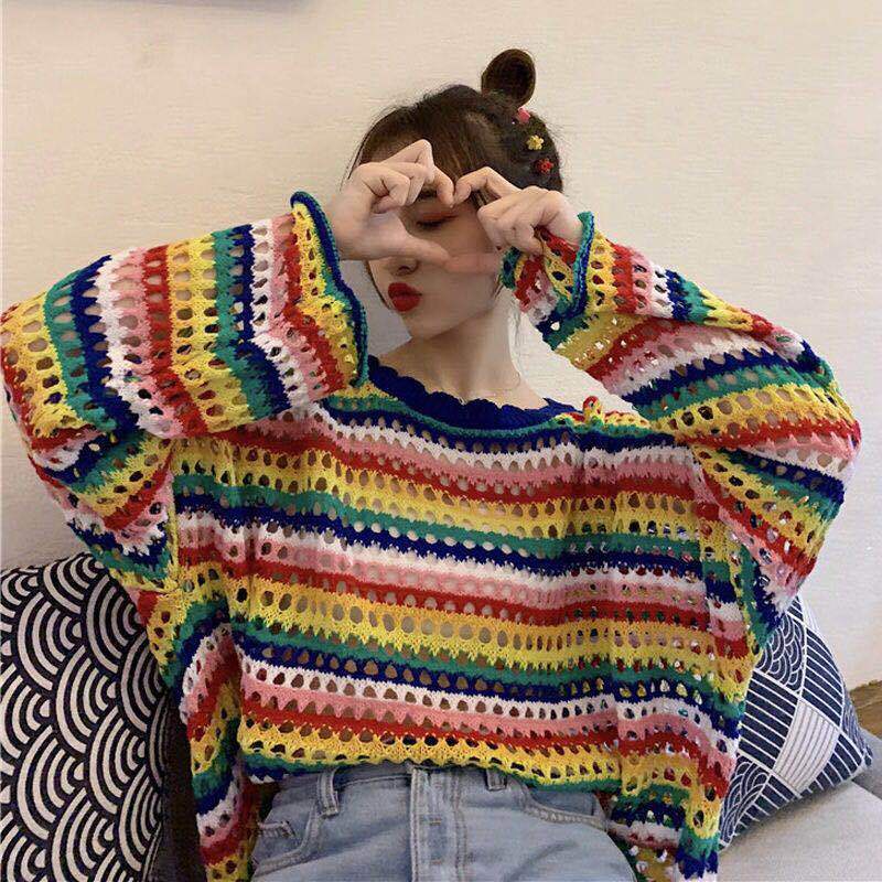 Áo Sweater Tay Dài Dáng Rộng Họa Tiết Kẻ Sọc Thời Trang Thu Đông Hàn Quốc Mới