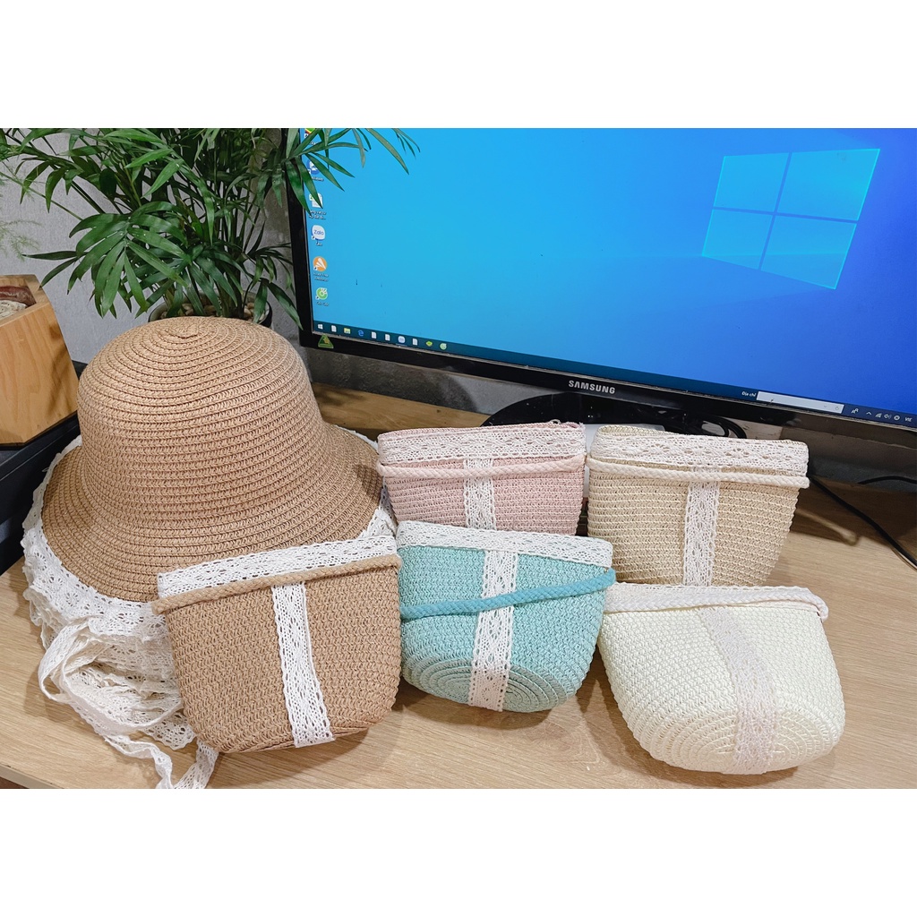 Set Nón mũ cói kèm túi xách phối ren thời trang cho bé gái