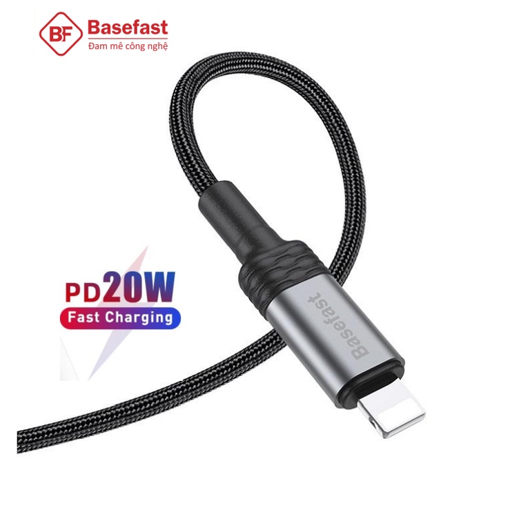 Cáp sạc IP 20W Tự ngắt điện khi đầy pin Basefast - Dây bọc dù báo đèn LED Type C to IP 11 12 13 14 Pro Max