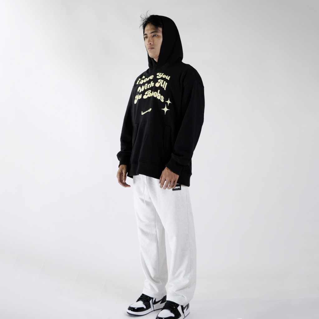 ÁO HOODIE UNISEX &quot; ILYWAMB &quot; MÀU ĐEN FORM OVERSIZE VÀI NỈ 100% COTTON DÀY -liamstudio