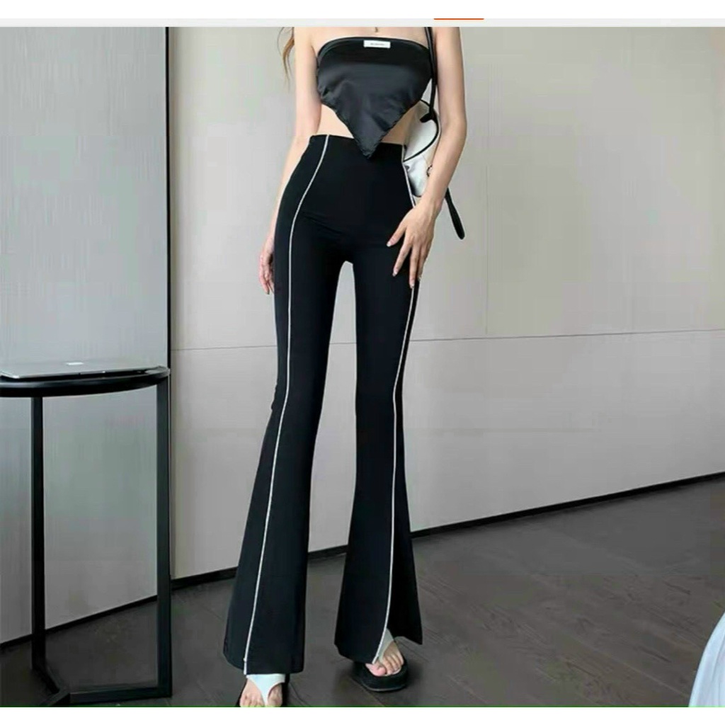 Quần Tây Nữ Ống Loe Viền Sọc Lưng Cao Form Chuẩn Cực Kì Tôn Dáng