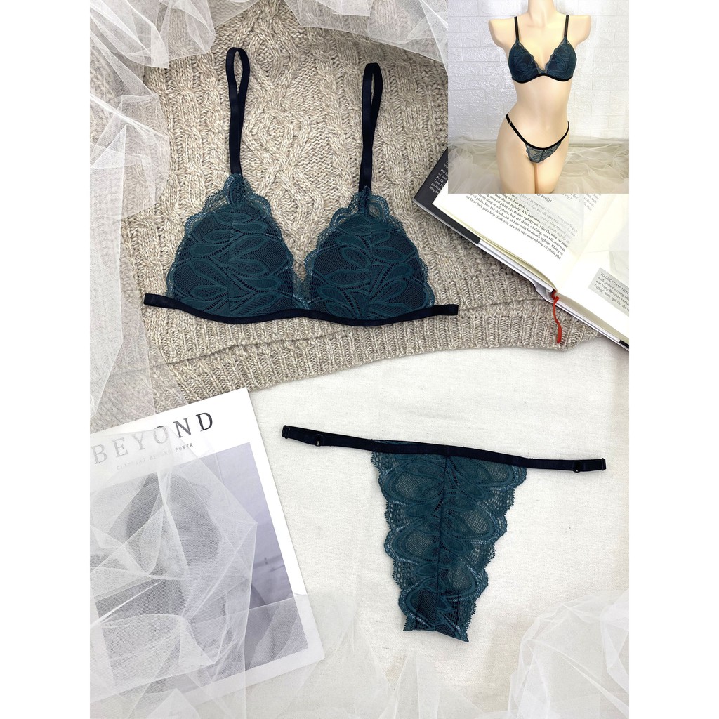 Đồ lót nữ bralette vải ren cao cấp màu xanh rêu có mút gồm áo + quần BRAHY 027