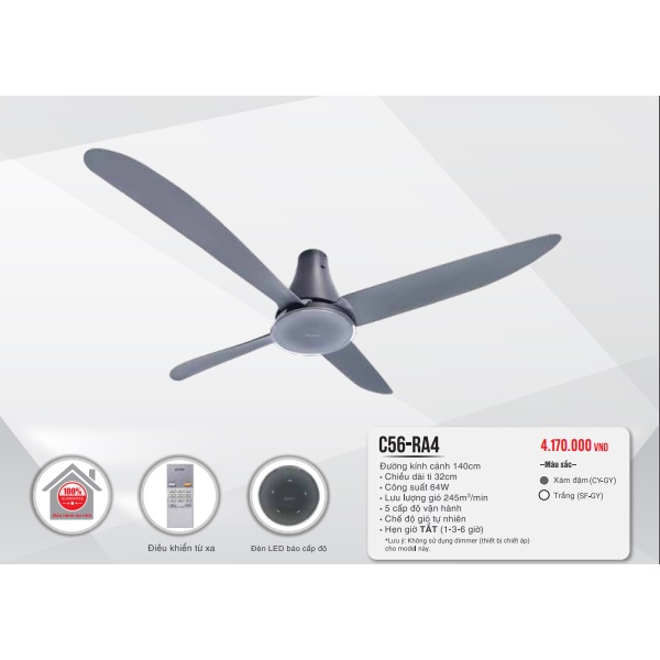 Quạt trần Mitsubishi 4 cánh C56-RA4 CY-GY C56-RA4 SF-GY điều khiển Remote,  - hàng chính hãng
