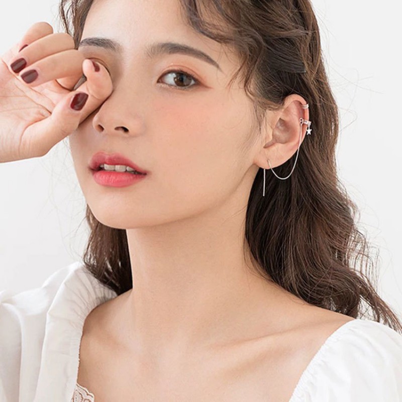 Bông Tai Bạc S925 Bộ đôi Ear Cuff Kẹp Vành chữ C và Triple Circle & Star sợi thả Sợi Thả Trẻ Trung Cá Tính | Khuyên Tai