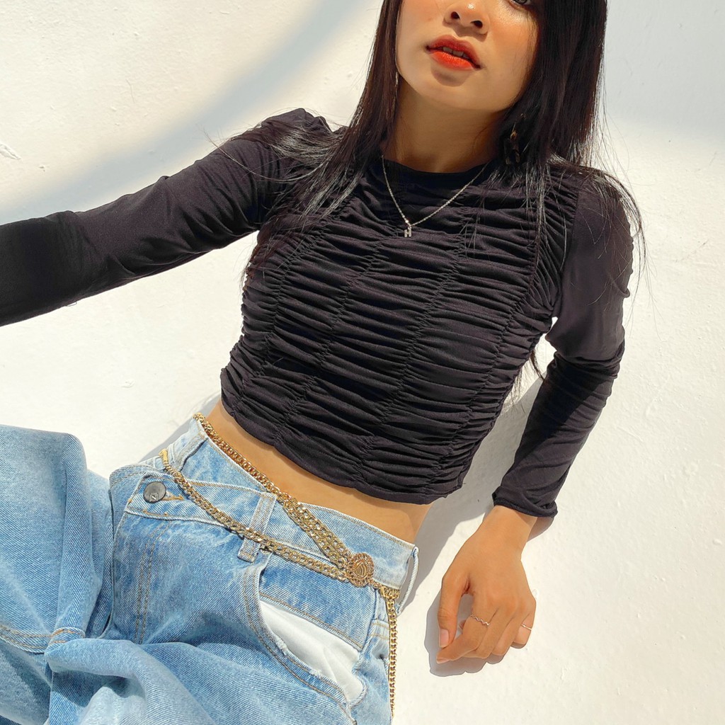 Áo croptop thun Mia Ritta nhún chun dài tay A1907 ảnh thật feedback