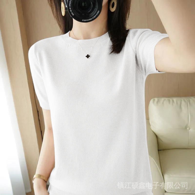 Áo Len Dệt Kim Ngắn Tay Cổ Tròn Thời Trang Cho Nữ