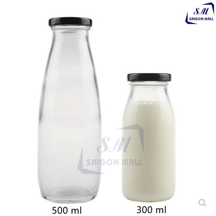 Chai thủy tinh đựng nước trái cây,detox,sữa nắp thiết đen 500ML