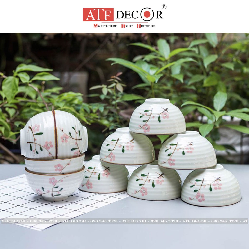 Bộ bát ăn, chén cơm sứ men kem Bát Tràng cao cấp vẽ đào hồng - ATF Decor