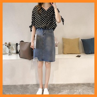 Sơ mi nữ chấm bi cổ V thắt nơ tay  [TTBK]