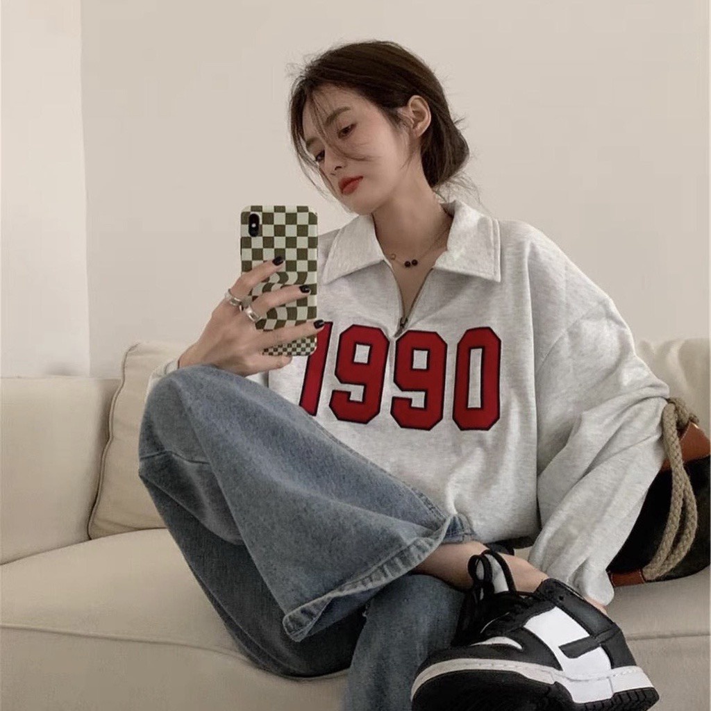 Áo Nỉ Cổ Cao 1990 Xám Xanh Khóa Kéo  Áo Sweater Nữ Polo Có Cổ form rộng tay bồng vintage, hoodie zip Ulzzang Mặc 2 Kiểu