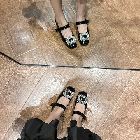 ☋☃☞Giày Búp Bê Mary Jane Mũi Vuông Đính Đá Chất Liệu Da Bóng Thời Trang Xuân Thu 2021 Cho Nữ