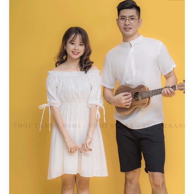 Váy sơmi đôi trễ vai trắng thanh lịch Freeship