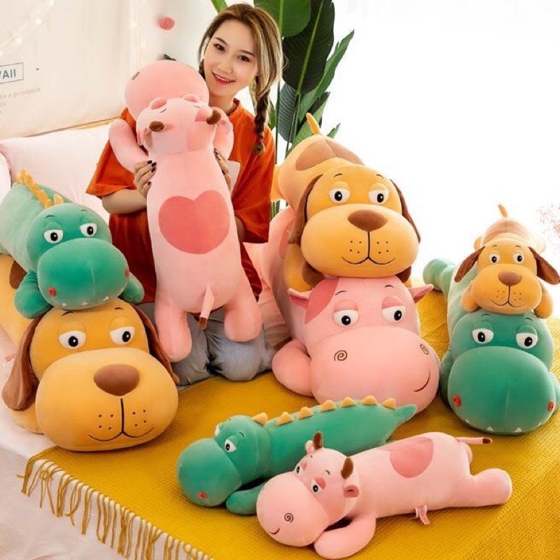 Gấu Bông Trâu Hồng , Thú Nhồi Bông Khủng Long Gối Ôm Chó Mắt Lồi Đủ Size 75Cm-1M-1M2