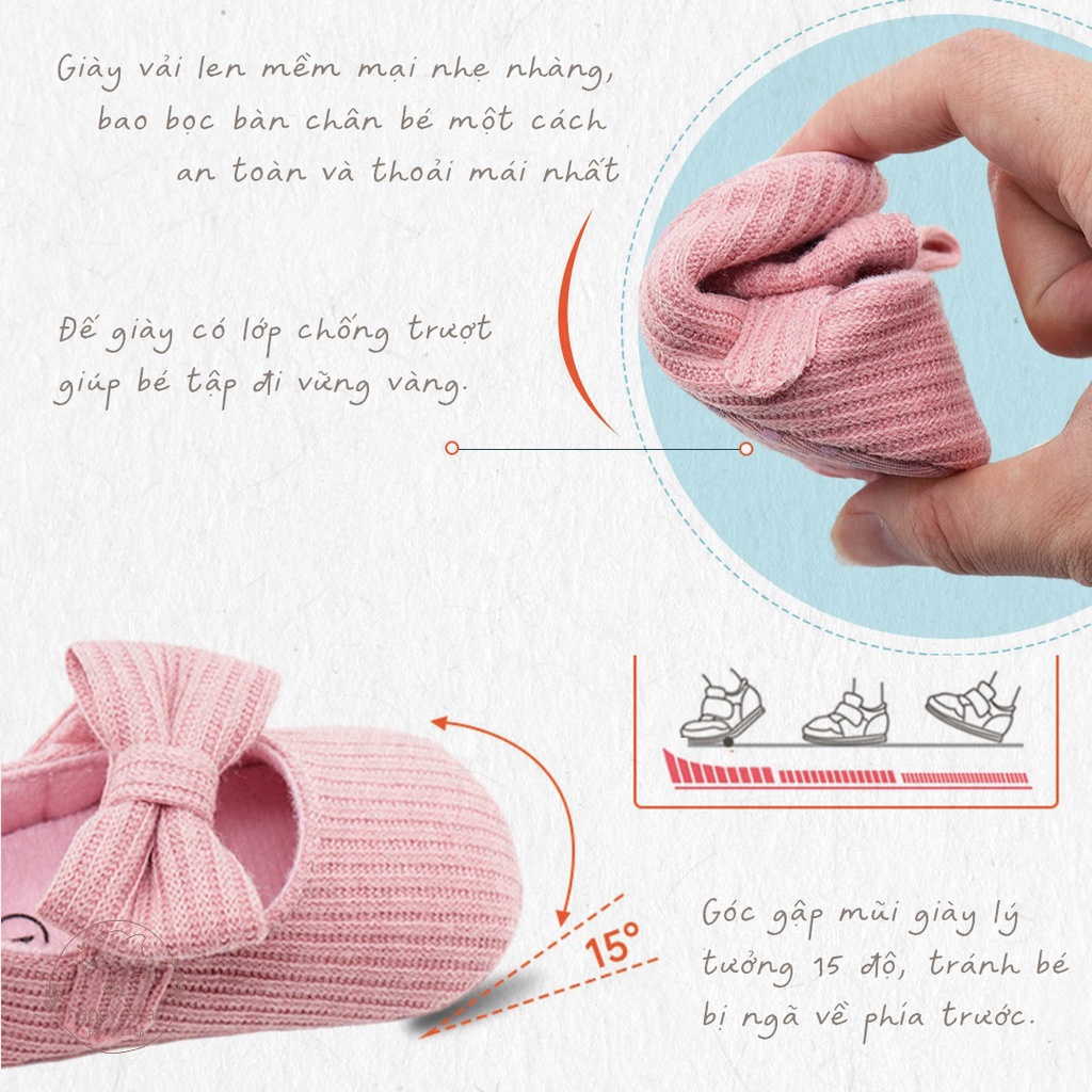 [Freeship] Giày tập đi hoạ tiết nơ cho bé gái, chất vải len mềm mại ôm chân bé nhẹ nhàng, có lớp chống trượt.