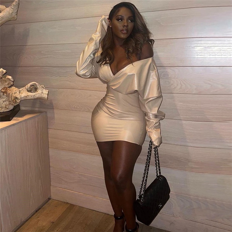 DUNEA Đầm Body Da Pu Tay Dài Thiết Kế Cổ Chữ V Quyến Rũ