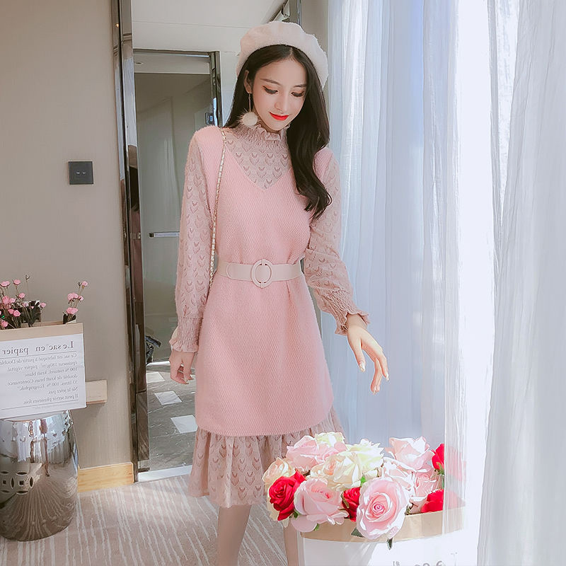 Váy liền cổ bán cao Áo thun phối ren dáng dài vừa phong cách Hàn Quốc mẫu mới mùa thu đông 2020