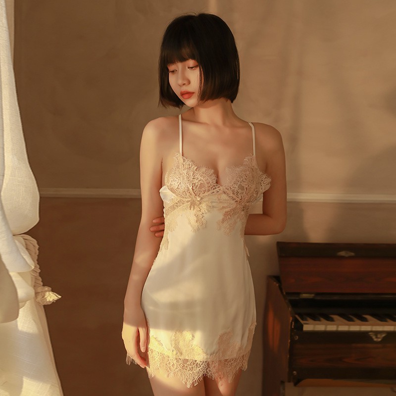 Váy ngủ satin viền ren cao cấp đan dây lưng | BigBuy360 - bigbuy360.vn