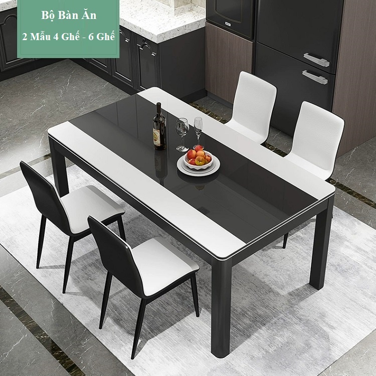 Bộ bàn ăn 6 ghế mặt kính cường lực vân đá cao cấp - Bộ bàn ăn 4 ghế và 6 ghế da decor phòng ăn gia đình Có Ảnh Thật