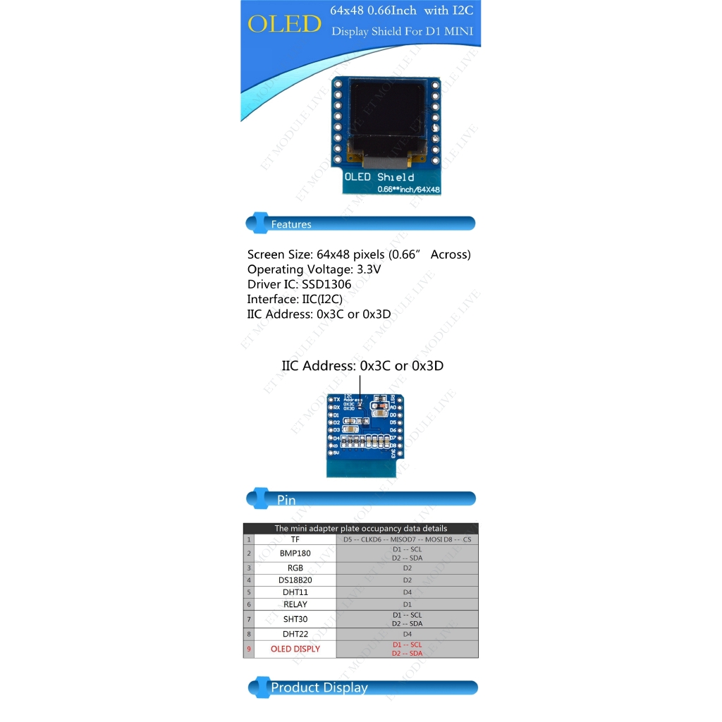 Mô Đun Màn Hình Oled 0.66 Inch Cho Wemos D1 Mini Esp32 Avr Stm32 64x48 0.66 "Oled | BigBuy360 - bigbuy360.vn