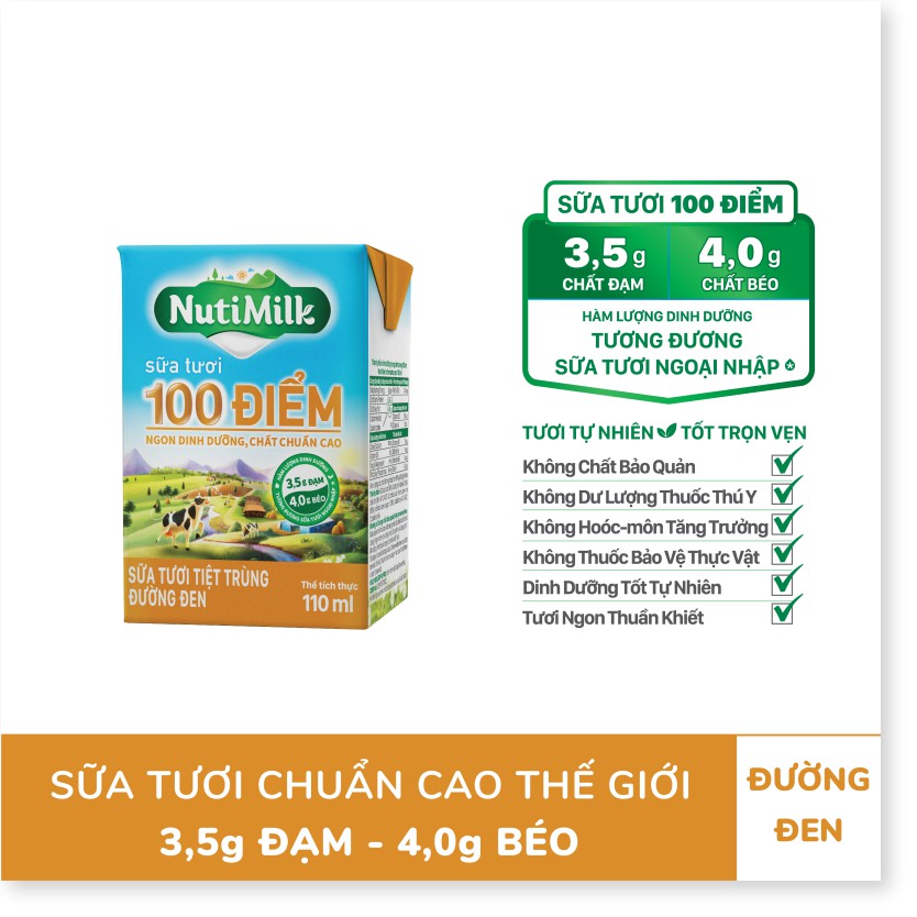 Lốc 4 Hộp NutiMilk Sữa tươi 100 điểm - Sữa tươi tiệt trùng đường đen 110ml L4.STDD110CRN - Thương Hiệu NUTIFOOD -THIVI