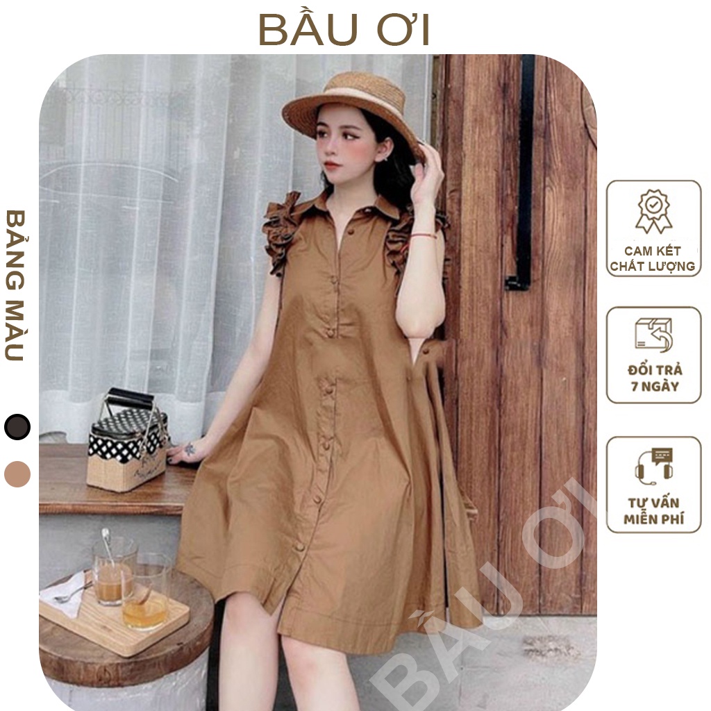 [BAUOI] VÁY BẦU SÁT NÁCH - CỔ SƠ MI TAY BÈO, DÁNG XUÔNG PHÔNG RỘNG ĐẸP - KHUY THẬT CHẤT MÁT MÀU NÂU, ĐEN