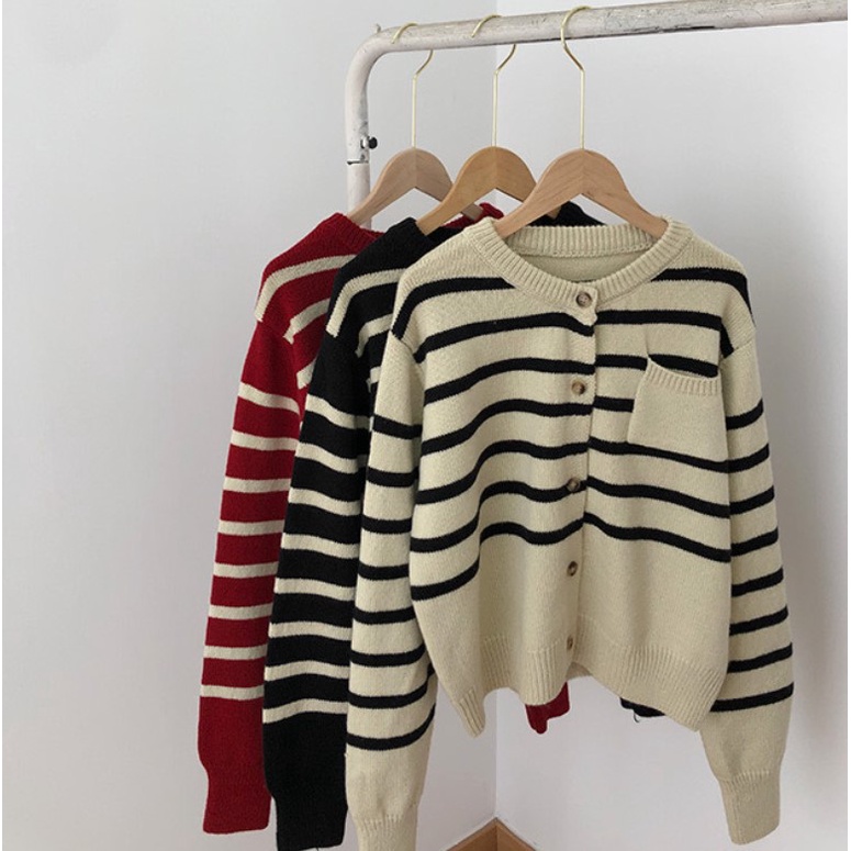 CARDIGAN | Áo Khoác Len Nữ Cardigan Cổ Tròn Dài Tay Kẻ Ngang Thu Đông 2021 Phong Cách Ulzzang Hàn Quốc | BigBuy360 - bigbuy360.vn
