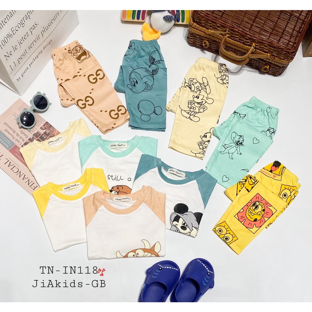 Bộ Tay Ngắn Quần Dài THUN LẠNH MINKY MOM In Thân Áo Trắng Phối Quần Màu Cho Bé TN-IN118