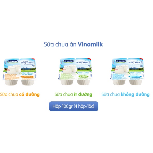 Sữa chua ăn Vinamilk Có đường Ít đường Không đường - Vỉ 4 Hộp X 100g