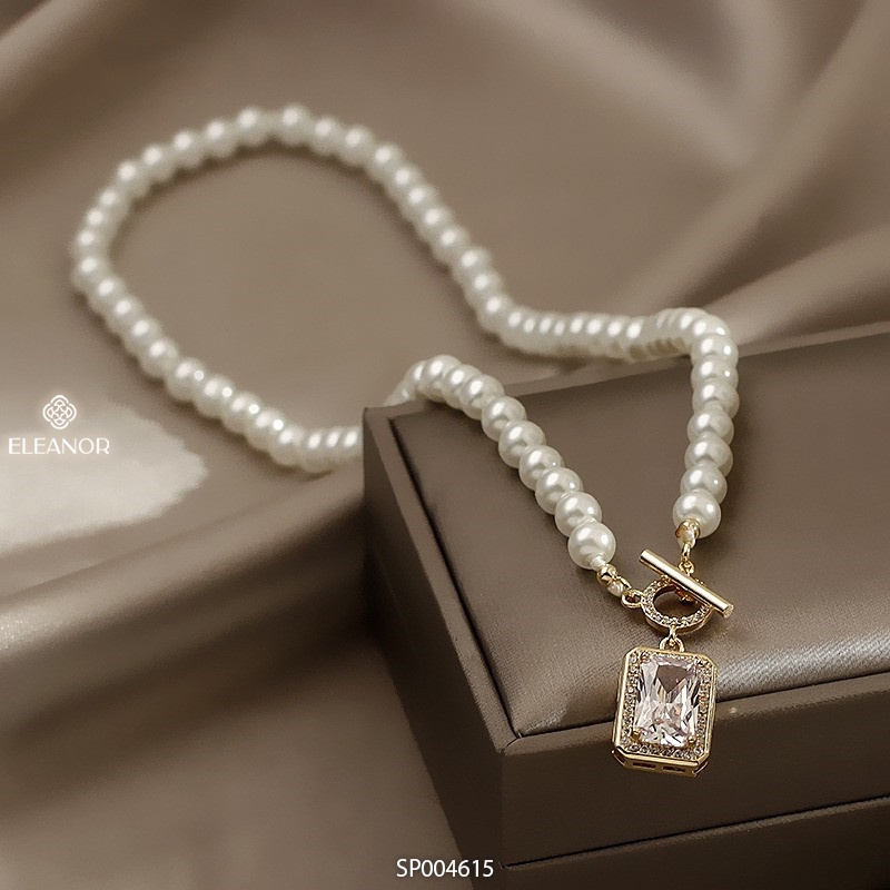 Dây chuyền nữ ngọc trai nhân tạo Eleanor Accessories mặt vuông đính đá phụ kiện trang sức 4615