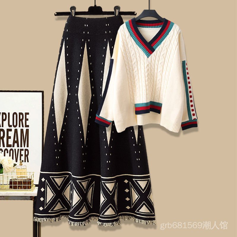 Set Áo Sweater Dệt Kim Cổ Chữ V + Chân Váy Ôm Size Lớn 2022 Thời Trang Thu Đông Dành Cho Nữ