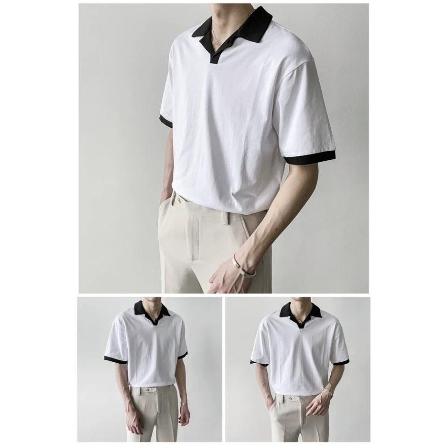 Áo thun trơn nam cổ vest trắng đen fom rộng unisex | BigBuy360 - bigbuy360.vn