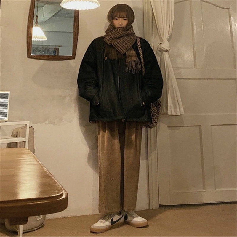 Quần nhung dày ống rộng lưng cao phong cách mới cho nữ