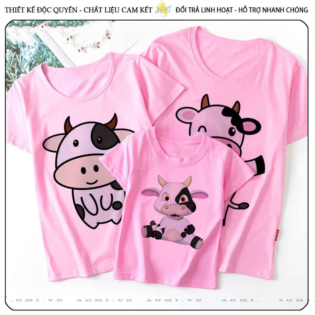 ÁO THUN bò sữa milk UNISEX PHÔNG HỒNG TAY NGẮN NAM NỮ GIA ĐÌNH CẶP ĐÔI SIZE TRẺ EM BÉ TRAI GÁI AOMIVN