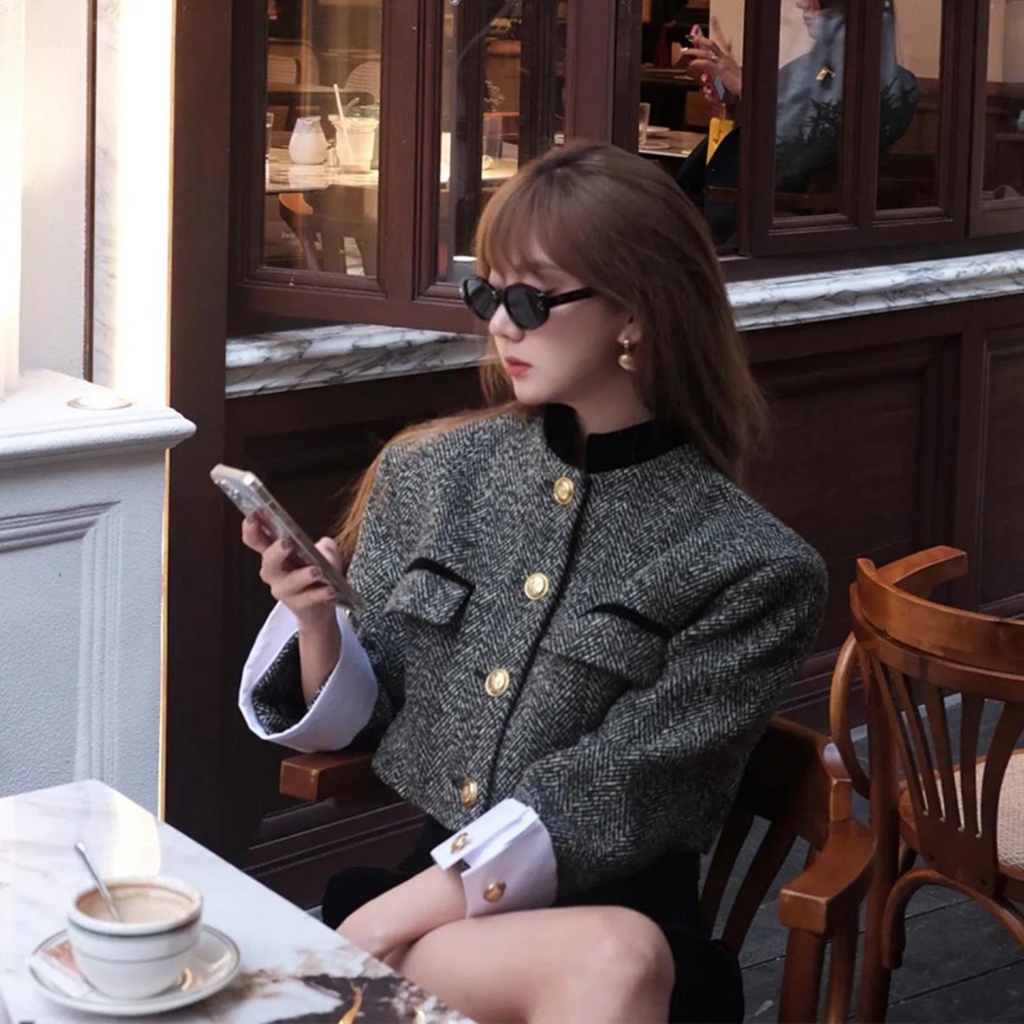 (Hàng Đẹp)Ảnh thật 6 hình cuối-HC929.Áo khoác Tweed thu đông cổ trụ dáng ngắn sang chảnh Hàn Quốc