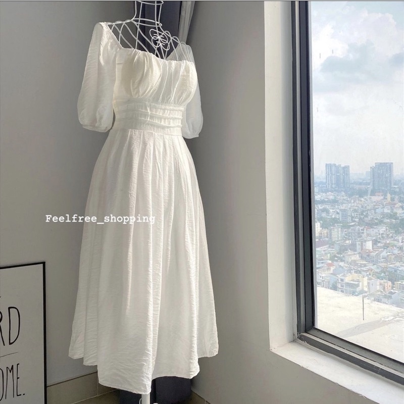 Đầm Trắng Dáng Dài Kèm Mút Ngực Cổ Vuông Hai Lớp Mặc Đi Tiệc, Đi Chơi (Hình Thật) D078